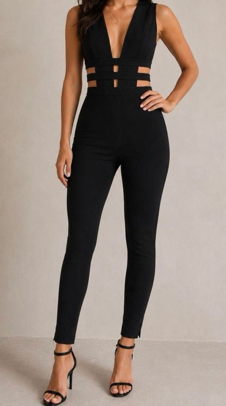 Tiger Mist Black Plunge Cutout Strappy Jumpsuit XS Bodycon Cocktail Party Romper